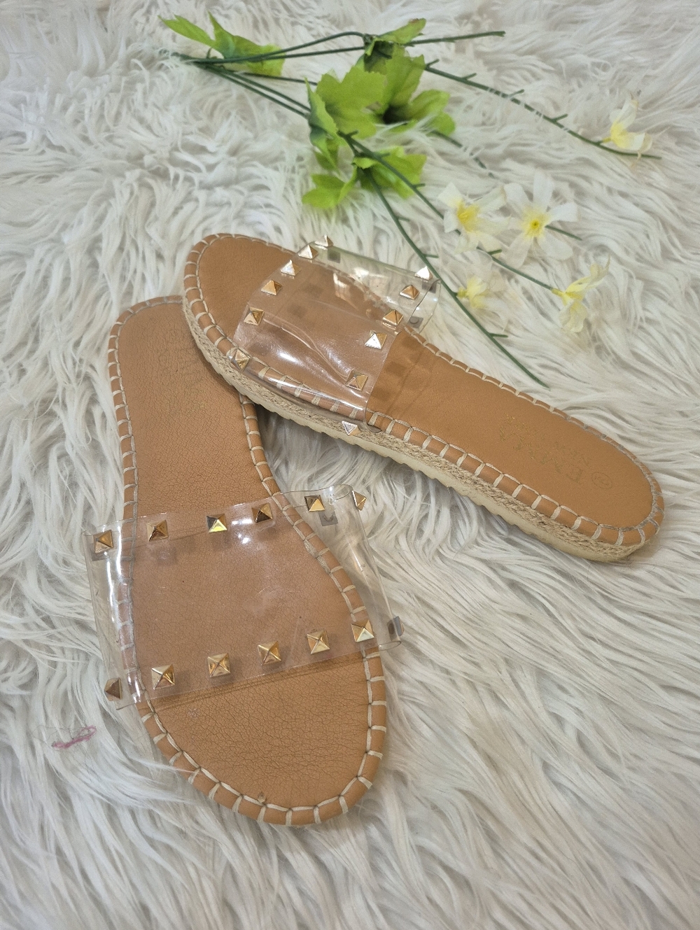Tan Espadrille Slide Sandals with Clear Studded Strap Size 9.